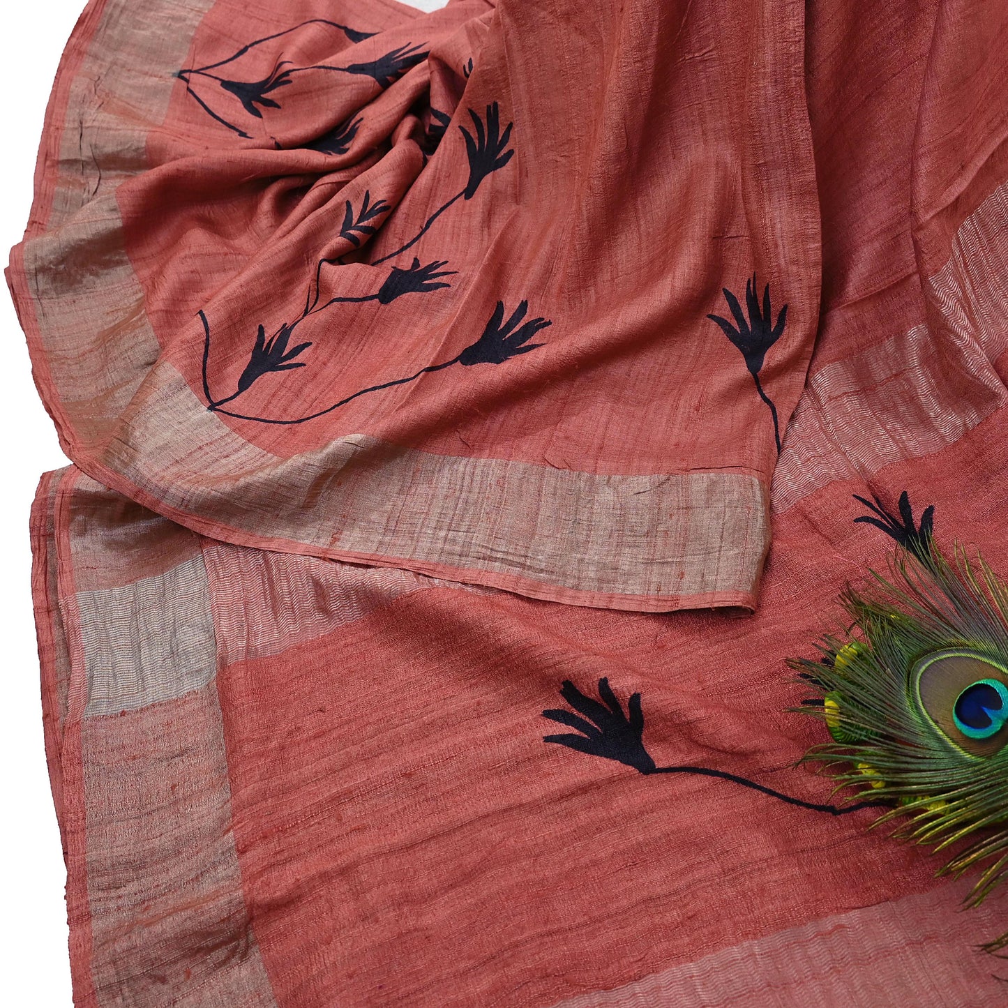 Indian Vintage Peach Saree Pure Khadi Silk Handloom Woven Zari Sari Craft Fabric 5yd Ethnic Wear Border Dress making Upcycle Fringes