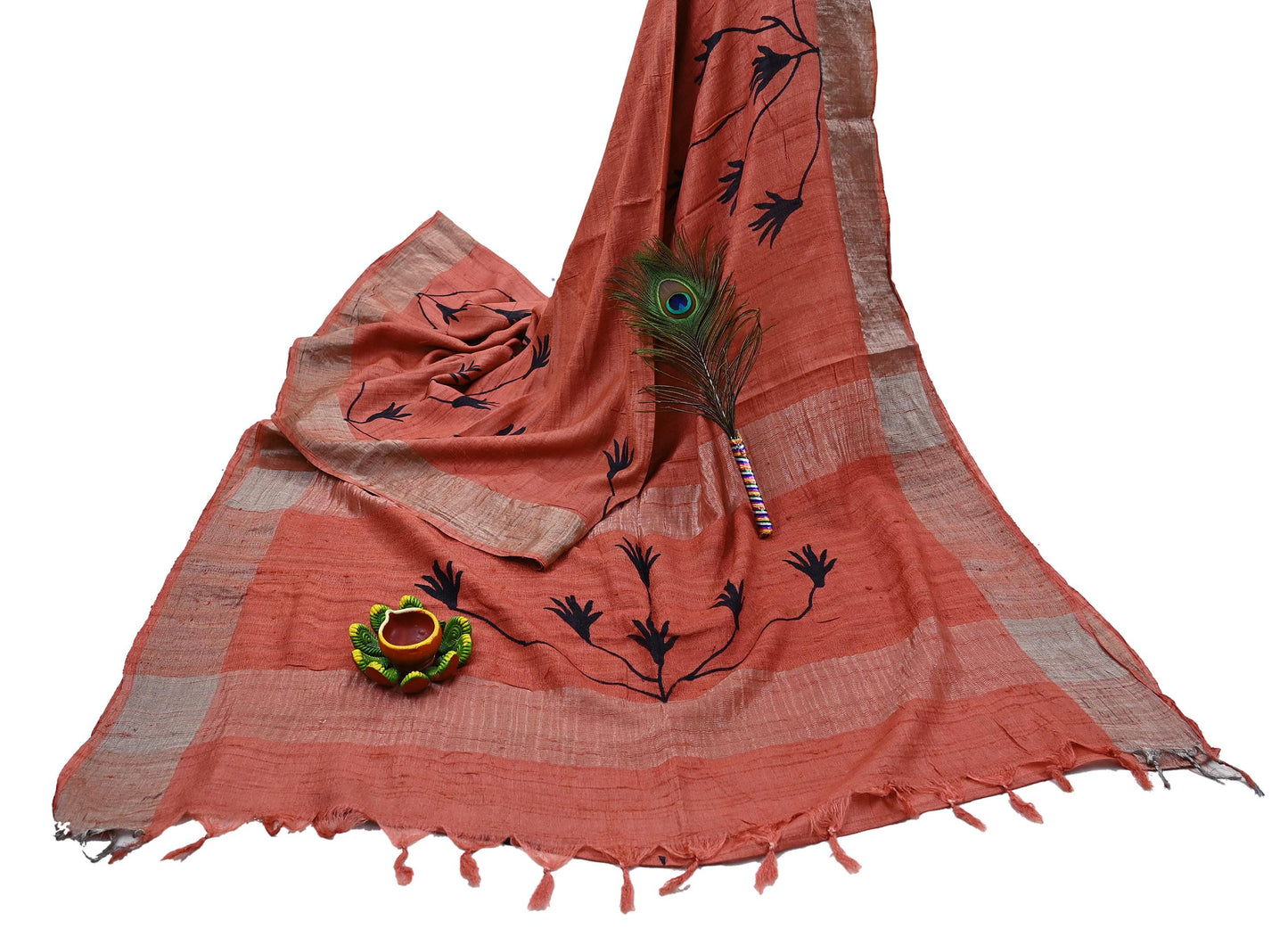 Indian Vintage Peach Saree Pure Khadi Silk Handloom Woven Zari Sari Craft Fabric 5yd Ethnic Wear Border Dress making Upcycle Fringes