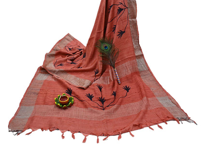 Indian Vintage Peach Saree Pure Khadi Silk Handloom Woven Zari Sari Craft Fabric 5yd Ethnic Wear Border Dress making Upcycle Fringes