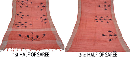 Indian Vintage Peach Saree Pure Khadi Silk Handloom Woven Zari Sari Craft Fabric 5yd Ethnic Wear Border Dress making Upcycle Fringes