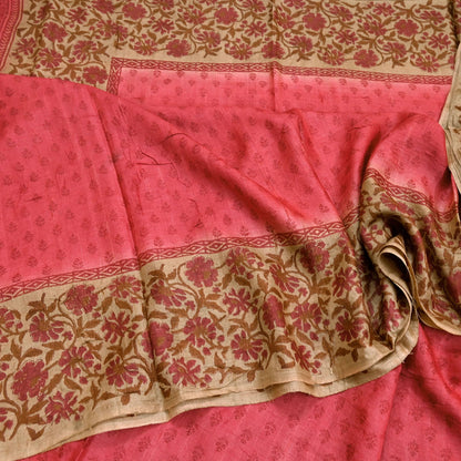 Indian Vintage Peach & Beige Saree Pure Khadi Silk Handloom Printed Sari Fabric 5yd Ethnic Wear Sari Floral Designs Dress making Crafting