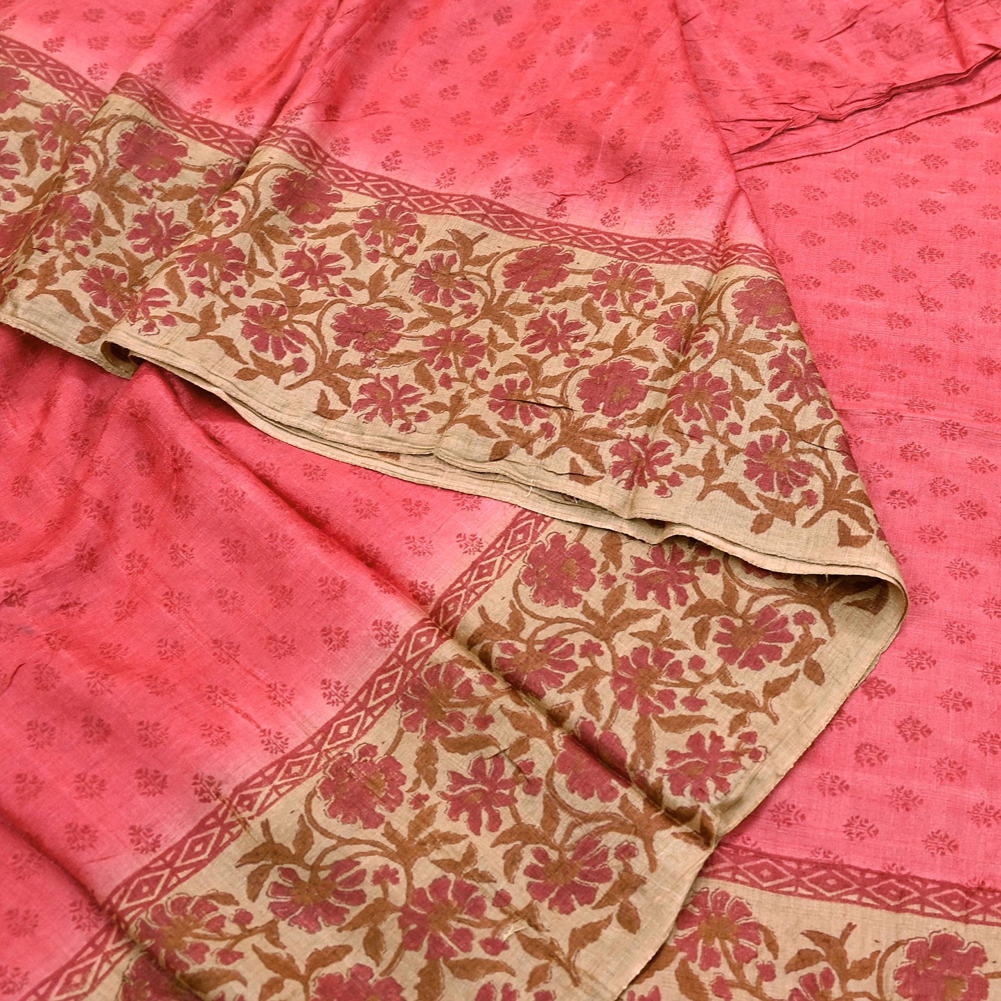 Indian Vintage Peach & Beige Saree Pure Khadi Silk Handloom Printed Sari Fabric 5yd Ethnic Wear Sari Floral Designs Dress making Crafting