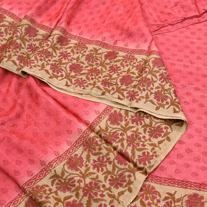 Indian Vintage Peach & Beige Saree Pure Khadi Silk Handloom Printed Sari Fabric 5yd Ethnic Wear Sari Floral Designs Dress making Crafting