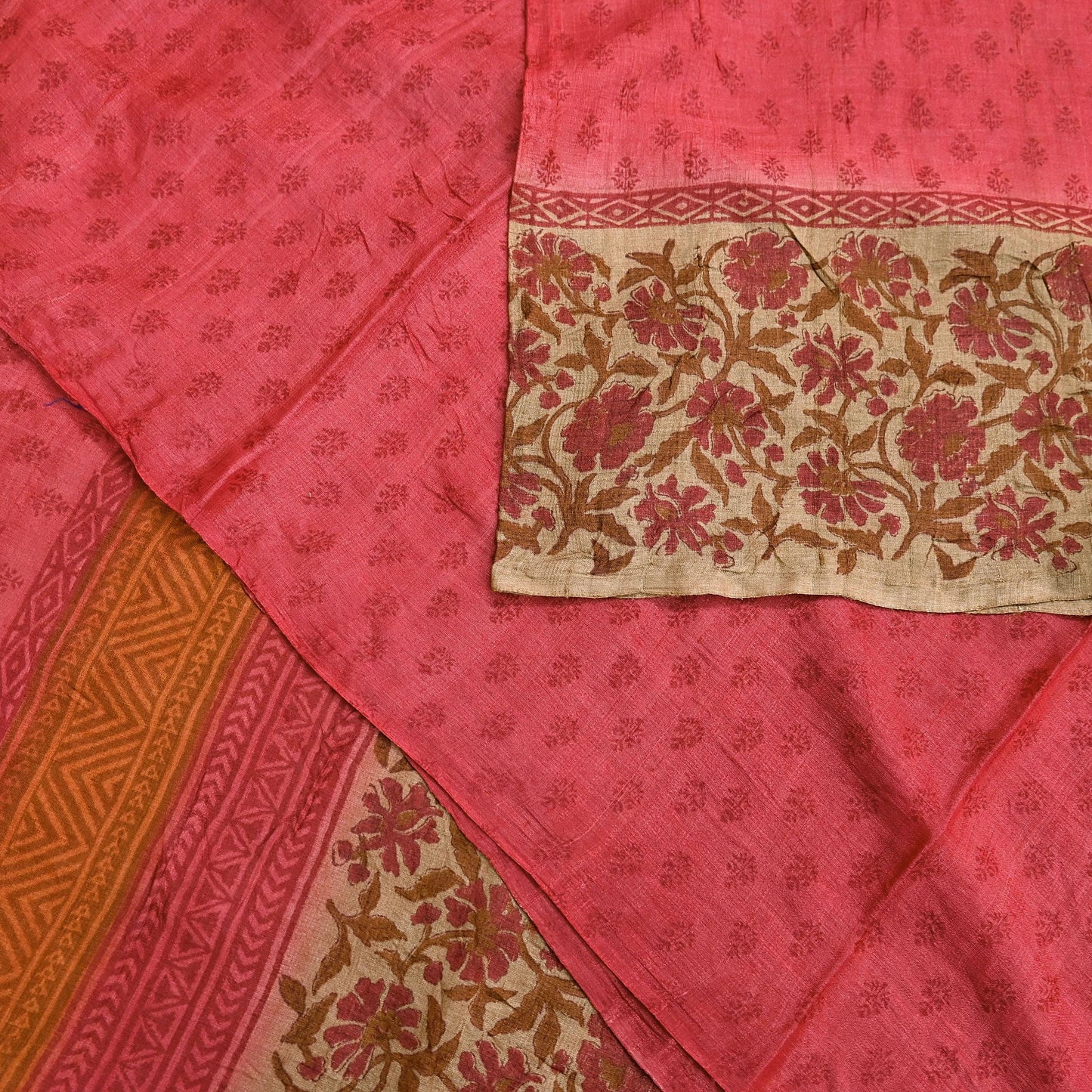 Indian Vintage Peach & Beige Saree Pure Khadi Silk Handloom Printed Sari Fabric 5yd Ethnic Wear Sari Floral Designs Dress making Crafting