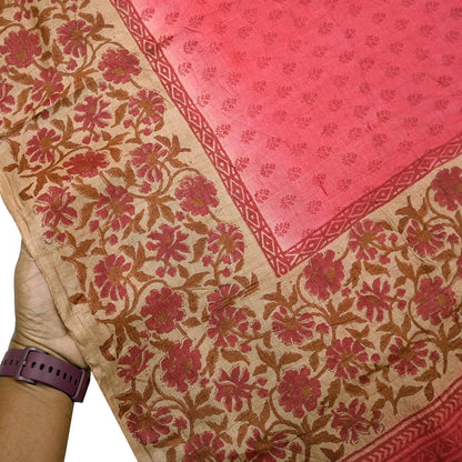 Indian Vintage Peach & Beige Saree Pure Khadi Silk Handloom Printed Sari Fabric 5yd Ethnic Wear Sari Floral Designs Dress making Crafting