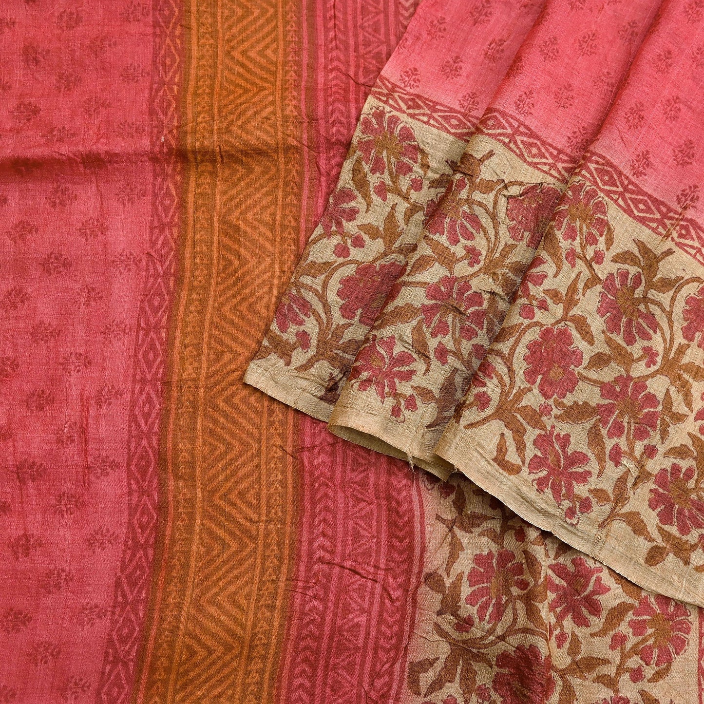 Indian Vintage Peach & Beige Saree Pure Khadi Silk Handloom Printed Sari Fabric 5yd Ethnic Wear Sari Floral Designs Dress making Crafting