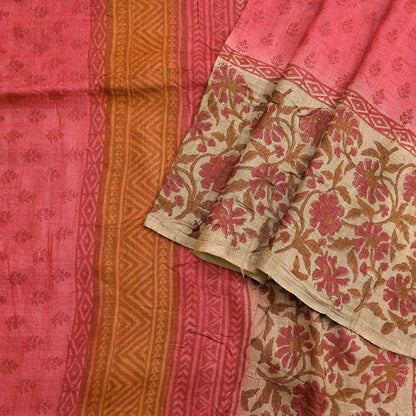 Indian Vintage Peach & Beige Saree Pure Khadi Silk Handloom Printed Sari Fabric 5yd Ethnic Wear Sari Floral Designs Dress making Crafting