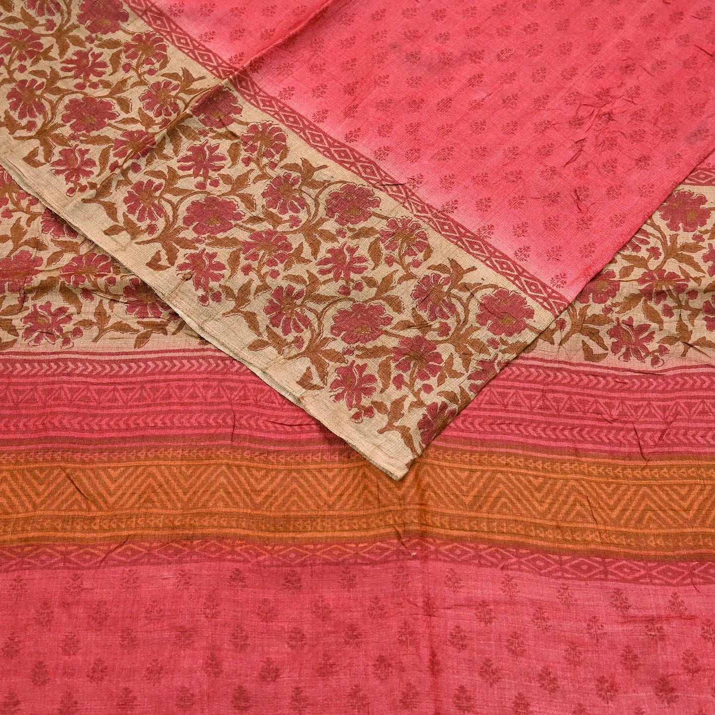 Indian Vintage Peach & Beige Saree Pure Khadi Silk Handloom Printed Sari Fabric 5yd Ethnic Wear Sari Floral Designs Dress making Crafting