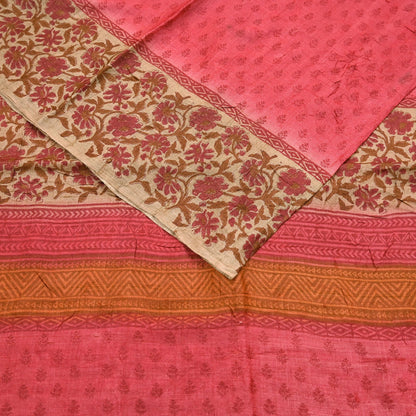 Indian Vintage Peach & Beige Saree Pure Khadi Silk Handloom Printed Sari Fabric 5yd Ethnic Wear Sari Floral Designs Dress making Crafting