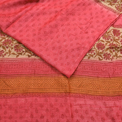 Indian Vintage Peach & Beige Saree Pure Khadi Silk Handloom Printed Sari Fabric 5yd Ethnic Wear Sari Floral Designs Dress making Crafting