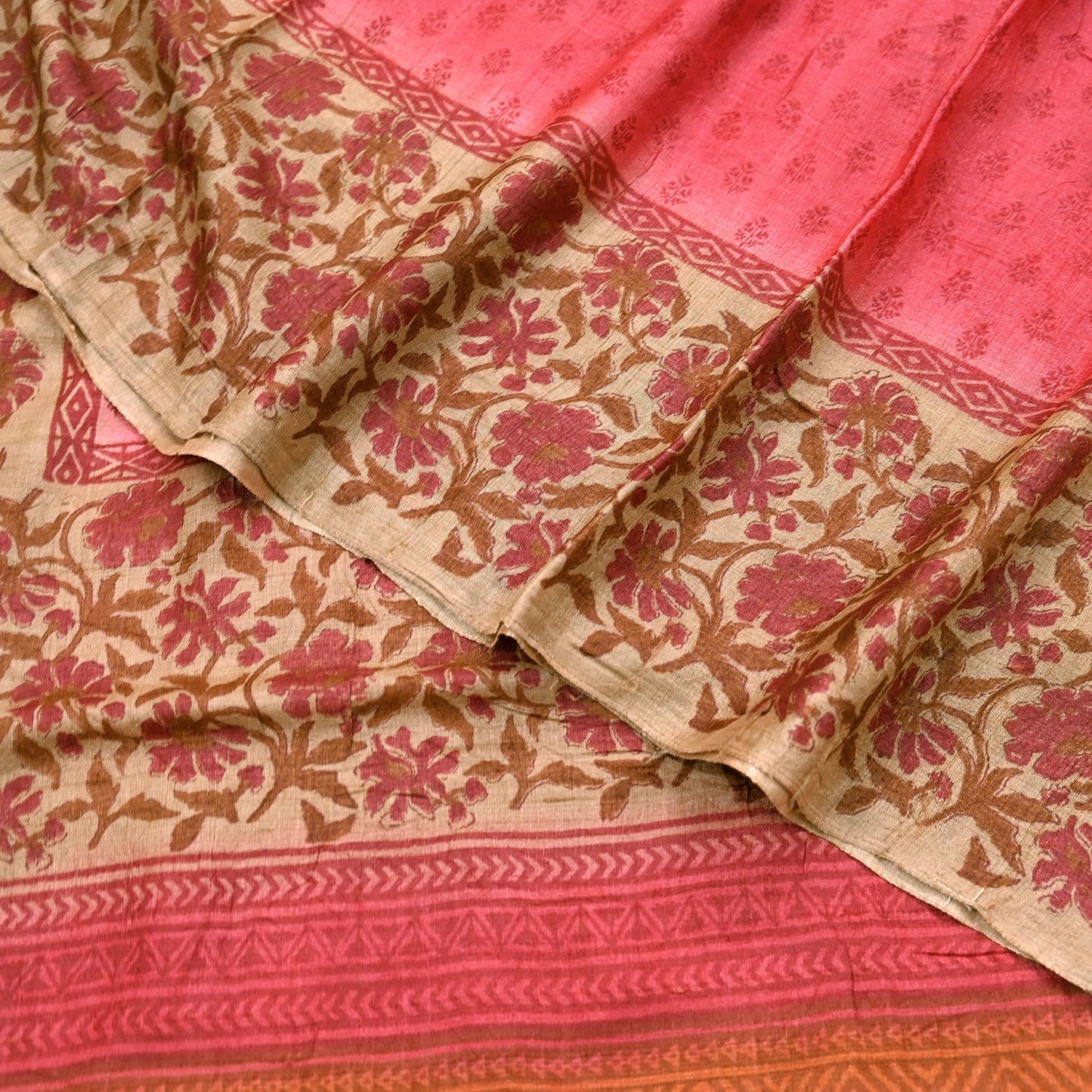 Indian Vintage Peach & Beige Saree Pure Khadi Silk Handloom Printed Sari Fabric 5yd Ethnic Wear Sari Floral Designs Dress making Crafting