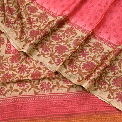 Indian Vintage Peach & Beige Saree Pure Khadi Silk Handloom Printed Sari Fabric 5yd Ethnic Wear Sari Floral Designs Dress making Crafting