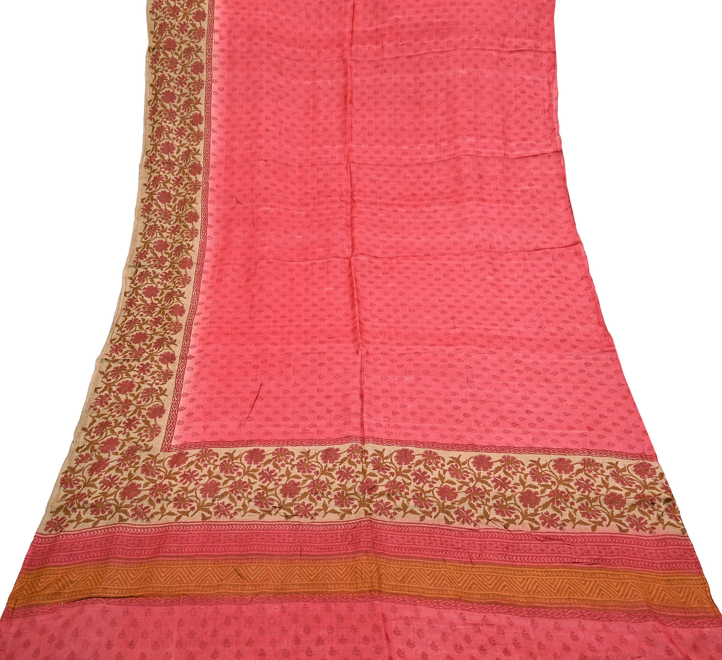 Indian Vintage Peach & Beige Saree Pure Khadi Silk Handloom Printed Sari Fabric 5yd Ethnic Wear Sari Floral Designs Dress making Crafting