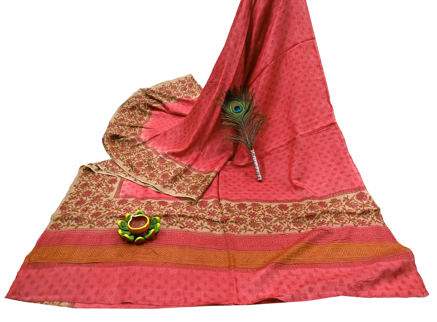 Indian Vintage Peach & Beige Saree Pure Khadi Silk Handloom Printed Sari Fabric 5yd Ethnic Wear Sari Floral Designs Dress making Crafting