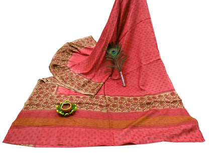 Indian Vintage Peach & Beige Saree Pure Khadi Silk Handloom Printed Sari Fabric 5yd Ethnic Wear Sari Floral Designs Dress making Crafting