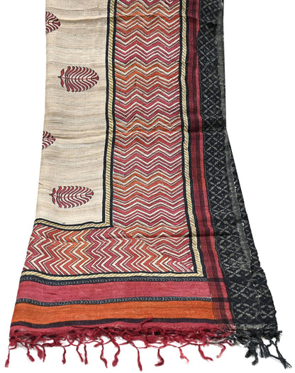 Indian Vintage Beige Dupatta Long Stole 100% Pure Khadi Silk Hand Woven/ Printed Scarves Veil Scarf Wrap Hippie Fringes