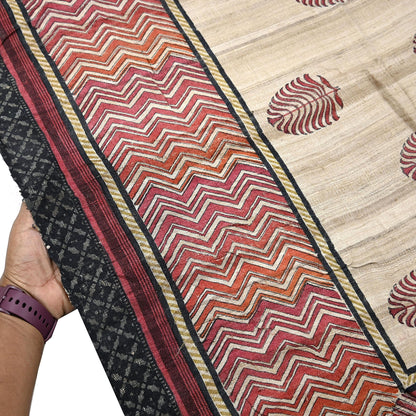 Indian Vintage Beige Dupatta Long Stole 100% Pure Khadi Silk Hand Woven/ Printed Scarves Veil Scarf Wrap Hippie Fringes