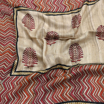 Indian Vintage Beige Dupatta Long Stole 100% Pure Khadi Silk Hand Woven/ Printed Scarves Veil Scarf Wrap Hippie Fringes