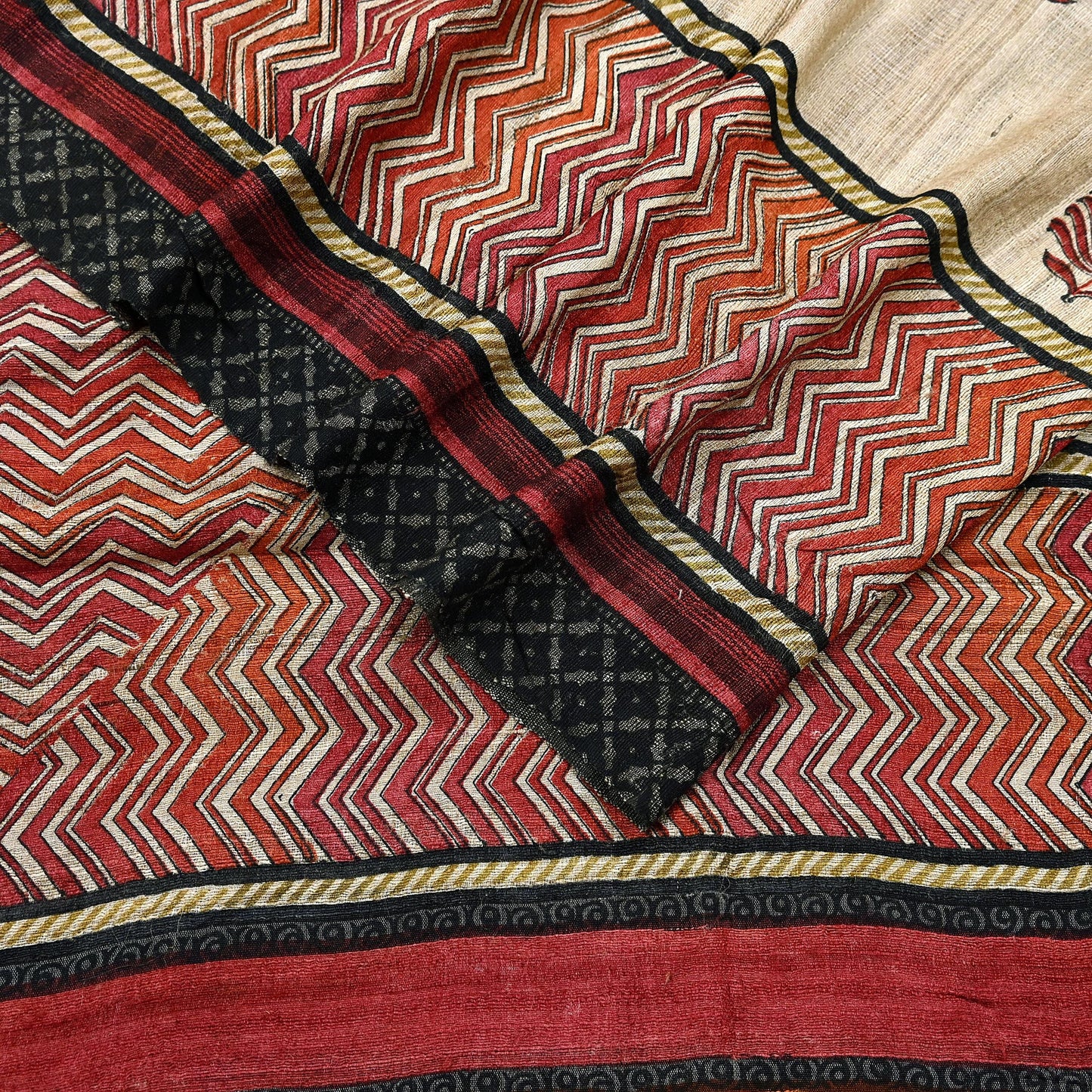 Indian Vintage Beige Dupatta Long Stole 100% Pure Khadi Silk Hand Woven/ Printed Scarves Veil Scarf Wrap Hippie Fringes