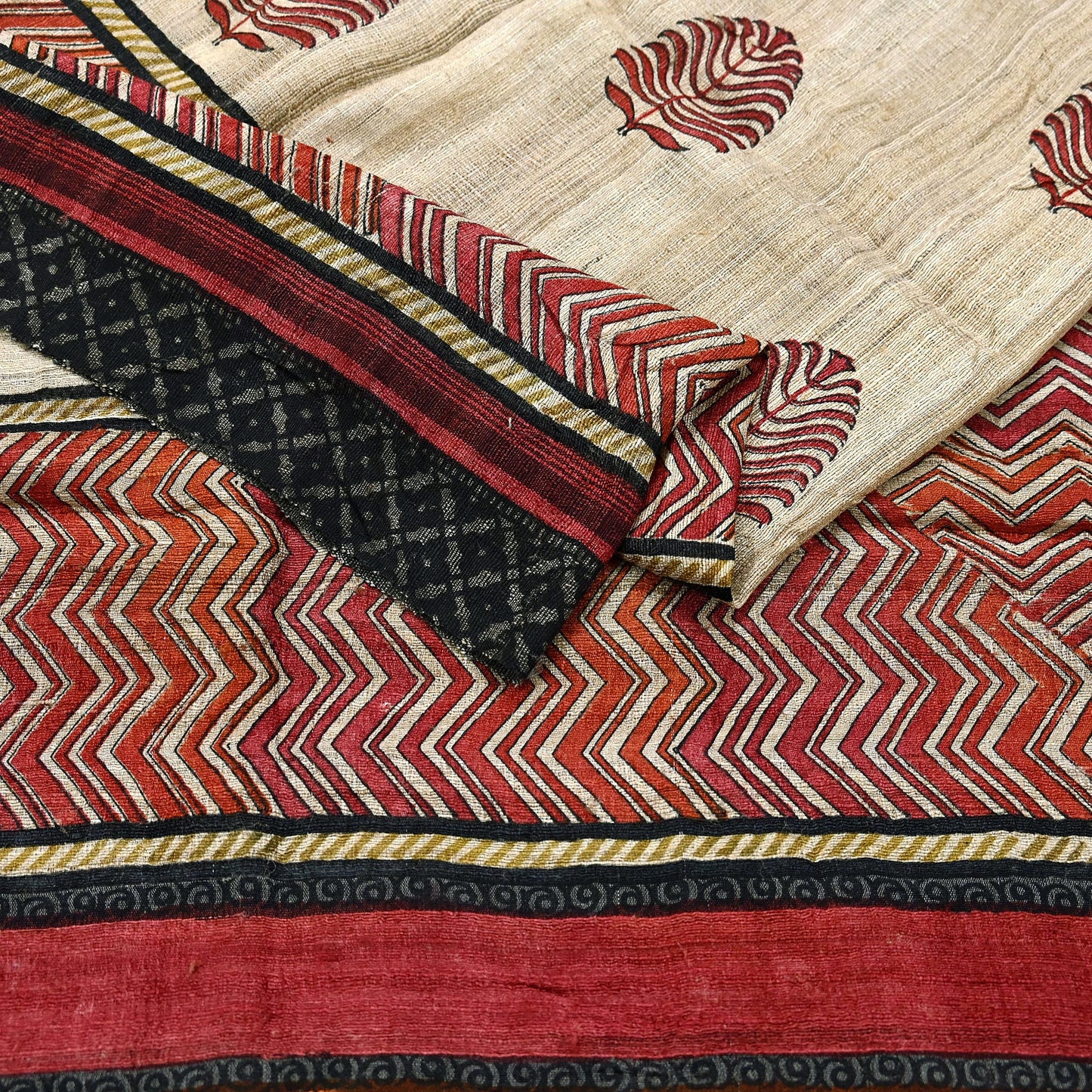 Indian Vintage Beige Dupatta Long Stole 100% Pure Khadi Silk Hand Woven/ Printed Scarves Veil Scarf Wrap Hippie Fringes