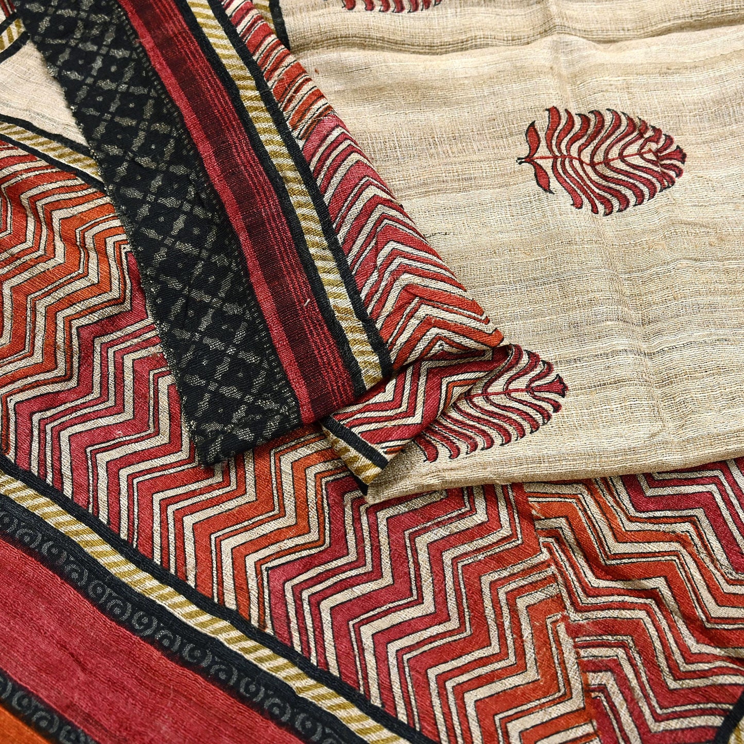 Indian Vintage Beige Dupatta Long Stole 100% Pure Khadi Silk Hand Woven/ Printed Scarves Veil Scarf Wrap Hippie Fringes