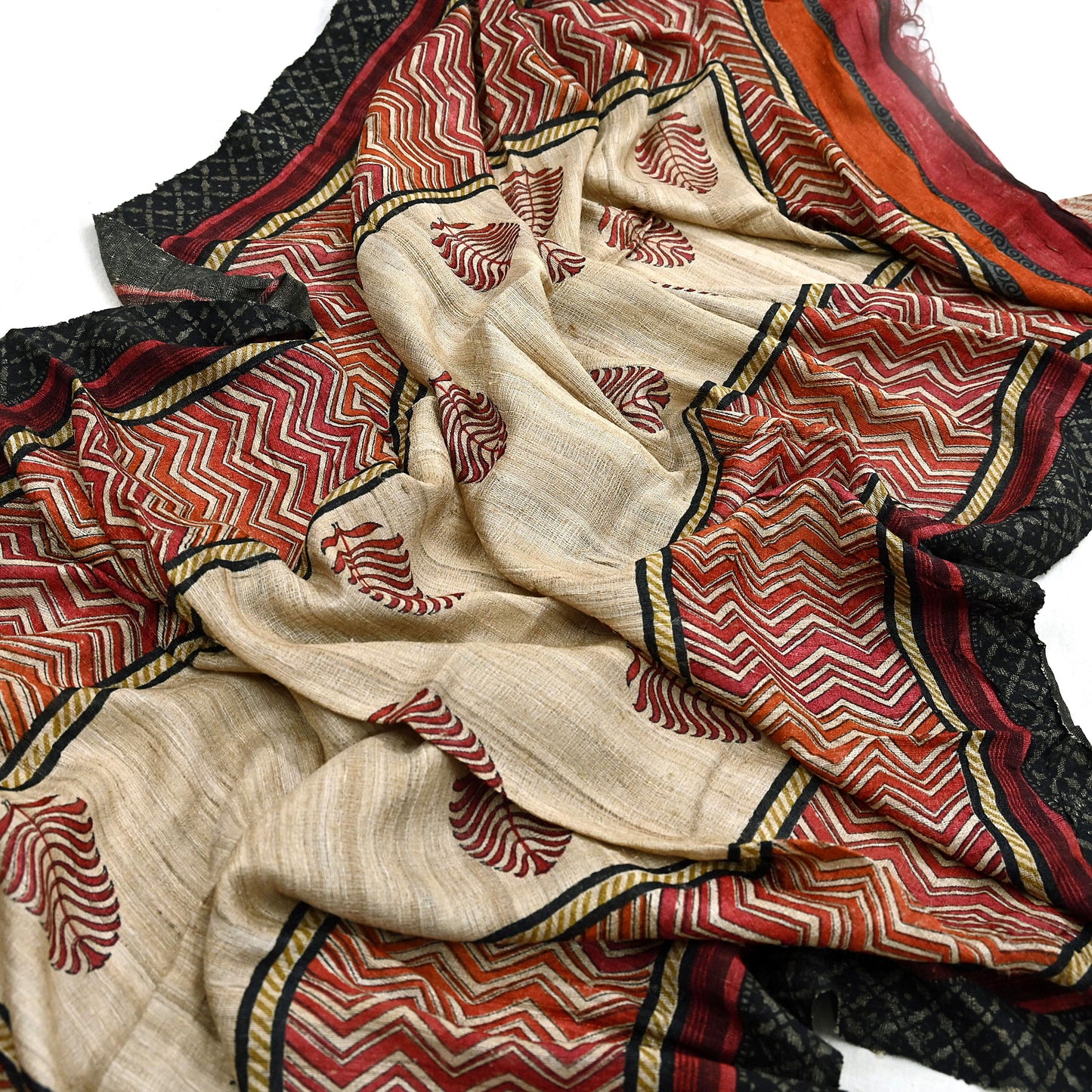 Indian Vintage Beige Dupatta Long Stole 100% Pure Khadi Silk Hand Woven/ Printed Scarves Veil Scarf Wrap Hippie Fringes