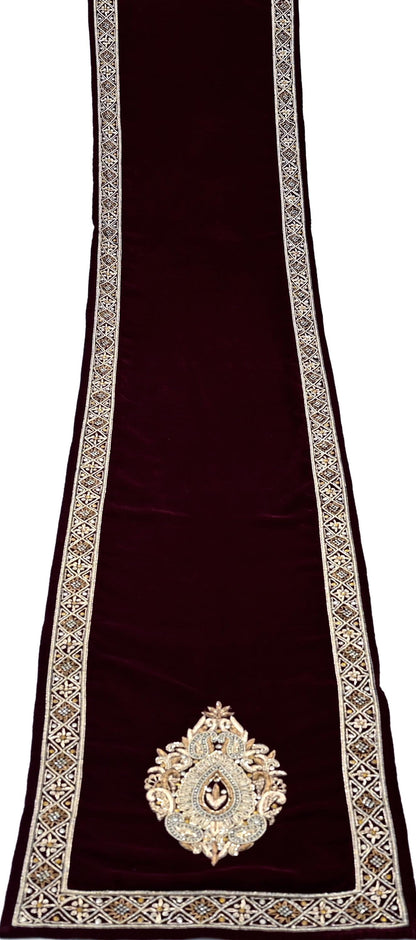 Indian Vintage Maroon Velvet Long Stole Hand Embroidered Scarves Zari Hijab Veil Wrap Bridal Dupatta Paisley