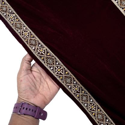 Indian Vintage Maroon Velvet Long Stole Hand Embroidered Scarves Zari Hijab Veil Wrap Bridal Dupatta Paisley