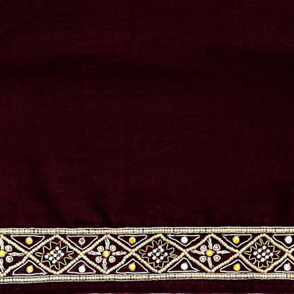 Indian Vintage Maroon Velvet Long Stole Hand Embroidered Scarves Zari Hijab Veil Wrap Bridal Dupatta Paisley