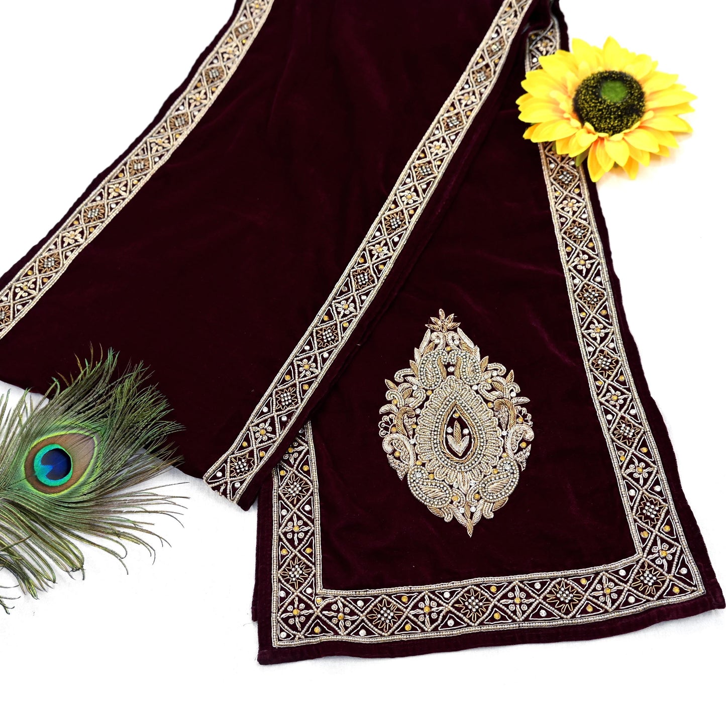 Indian Vintage Maroon Velvet Long Stole Hand Embroidered Scarves Zari Hijab Veil Wrap Bridal Dupatta Paisley