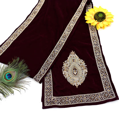 Indian Vintage Maroon Velvet Long Stole Hand Embroidered Scarves Zari Hijab Veil Wrap Bridal Dupatta Paisley