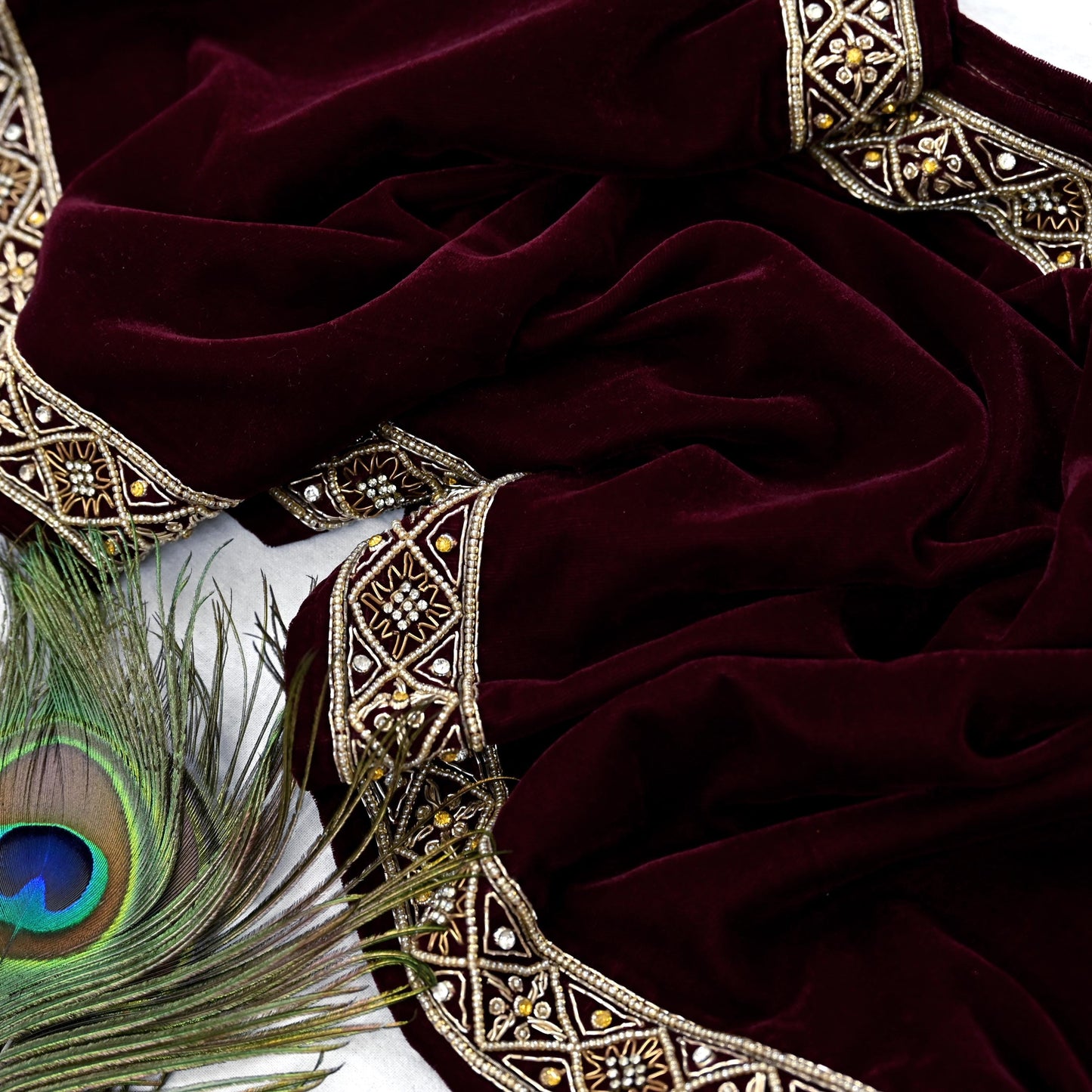 Indian Vintage Maroon Velvet Long Stole Hand Embroidered Scarves Zari Hijab Veil Wrap Bridal Dupatta Paisley