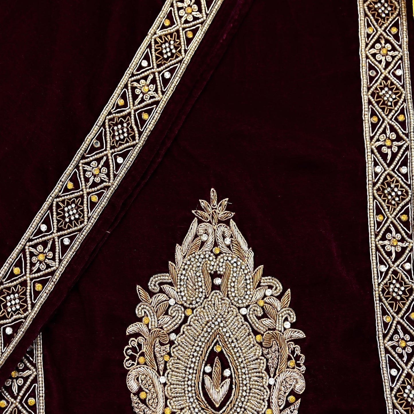 Indian Vintage Maroon Velvet Long Stole Hand Embroidered Scarves Zari Hijab Veil Wrap Bridal Dupatta Paisley