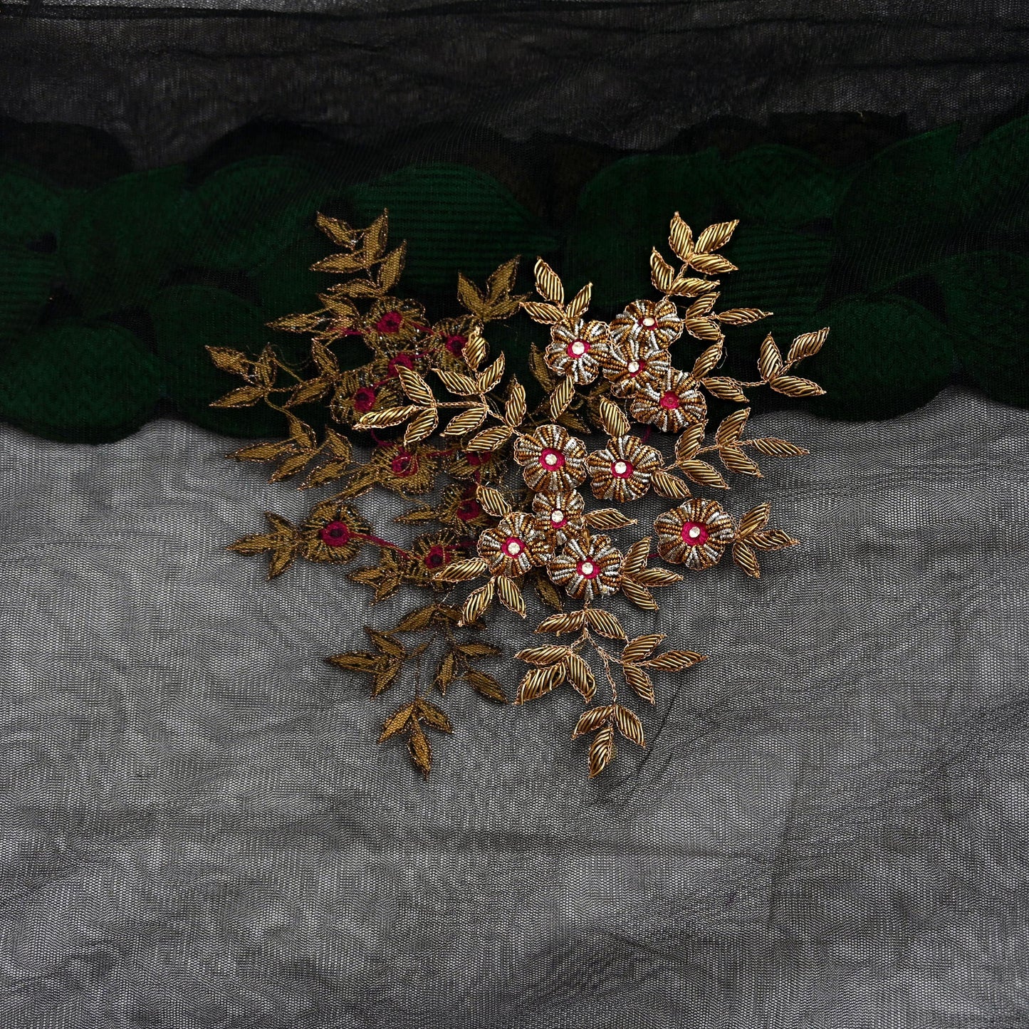 Indian Vintage Black Net Mesh Long Stole Hand Embroidered Scarves Golden Zardozi Zari Sequins Hijab Veil wrap Boho