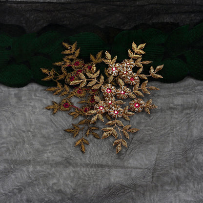 Indian Vintage Black Net Mesh Long Stole Hand Embroidered Scarves Golden Zardozi Zari Sequins Hijab Veil wrap Boho