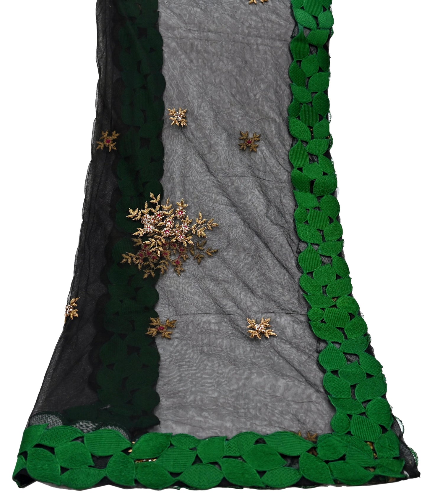 Indian Vintage Black Net Mesh Long Stole Hand Embroidered Scarves Golden Zardozi Zari Sequins Hijab Veil wrap Boho