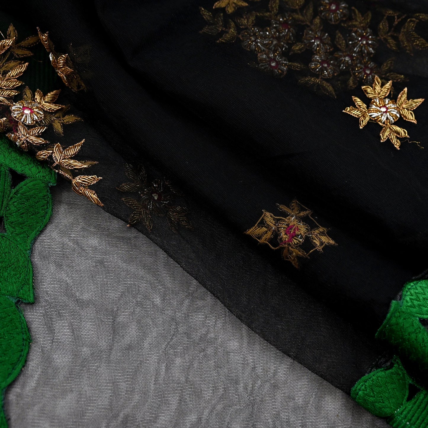 Indian Vintage Black Net Mesh Long Stole Hand Embroidered Scarves Golden Zardozi Zari Sequins Hijab Veil wrap Boho