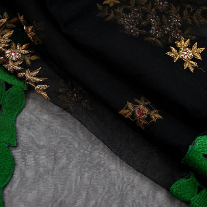 Indian Vintage Black Net Mesh Long Stole Hand Embroidered Scarves Golden Zardozi Zari Sequins Hijab Veil wrap Boho