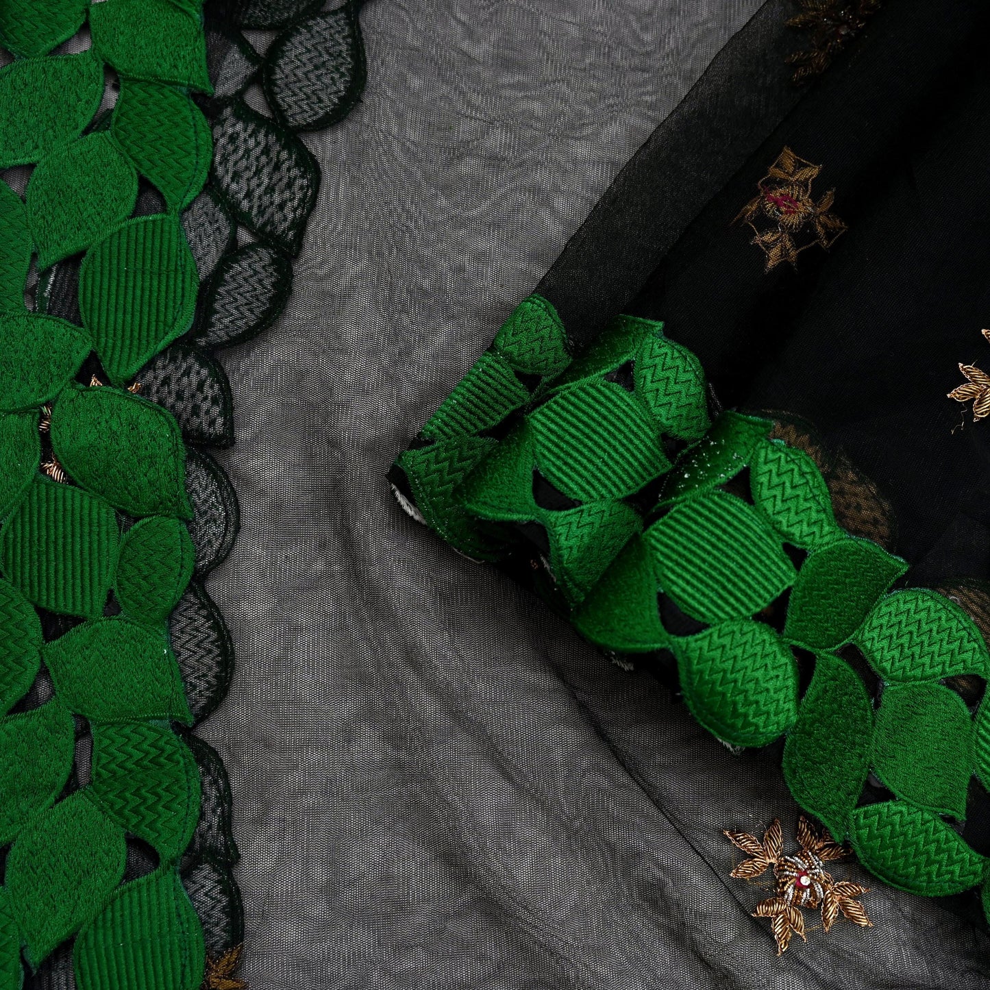 Indian Vintage Black Net Mesh Long Stole Hand Embroidered Scarves Golden Zardozi Zari Sequins Hijab Veil wrap Boho