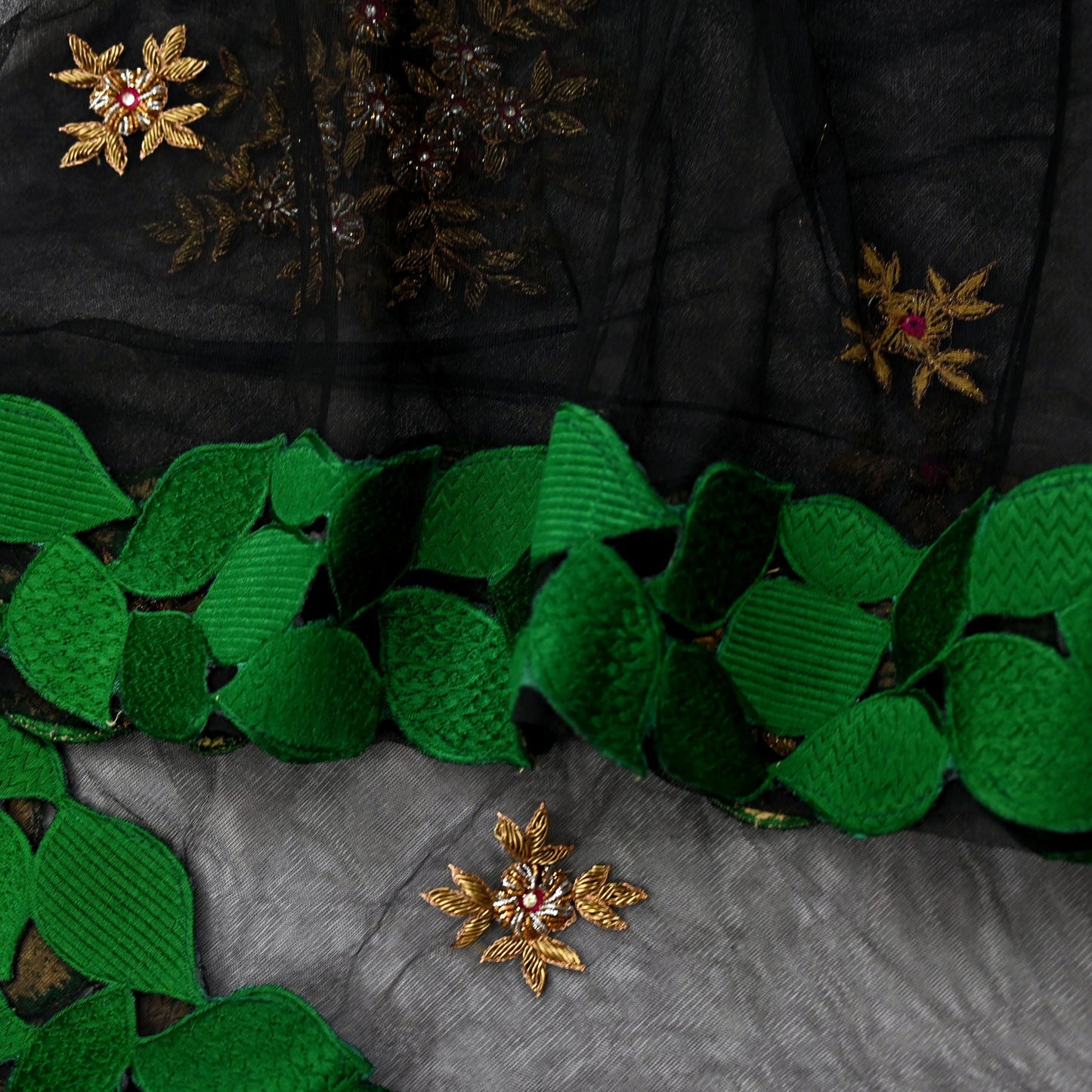 Indian Vintage Black Net Mesh Long Stole Hand Embroidered Scarves Golden Zardozi Zari Sequins Hijab Veil wrap Boho