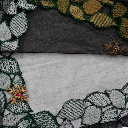 Indian Vintage Black Net Mesh Long Stole Hand Embroidered Scarves Golden Zardozi Zari Sequins Hijab Veil wrap Boho