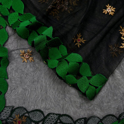 Indian Vintage Black Net Mesh Long Stole Hand Embroidered Scarves Golden Zardozi Zari Sequins Hijab Veil wrap Boho