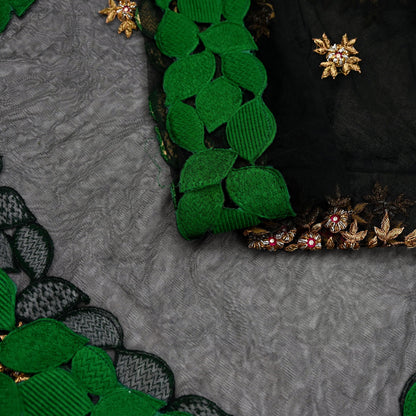 Indian Vintage Black Net Mesh Long Stole Hand Embroidered Scarves Golden Zardozi Zari Sequins Hijab Veil wrap Boho