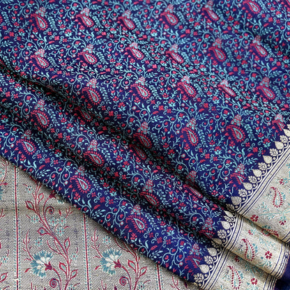 Indian Vintage Sari Blue Heavy Wedding Pure Satin Silk Woven Banarasi Tanchoi Saree 5Yd Ethnic Craft Fabric Upcycle Bridal Heavy Sarees