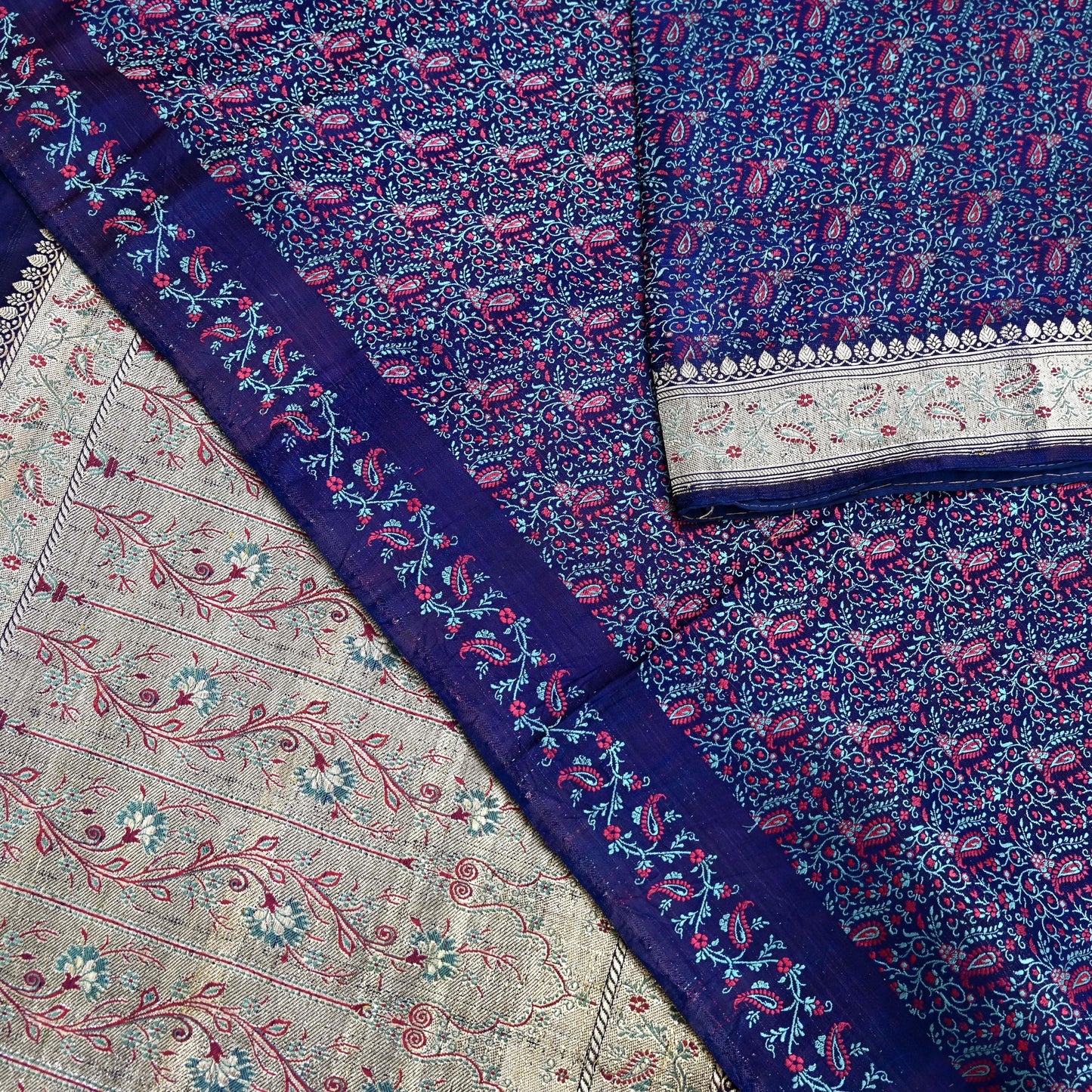 Indian Vintage Sari Blue Heavy Wedding Pure Satin Silk Woven Banarasi Tanchoi Saree 5Yd Ethnic Craft Fabric Upcycle Bridal Heavy Sarees