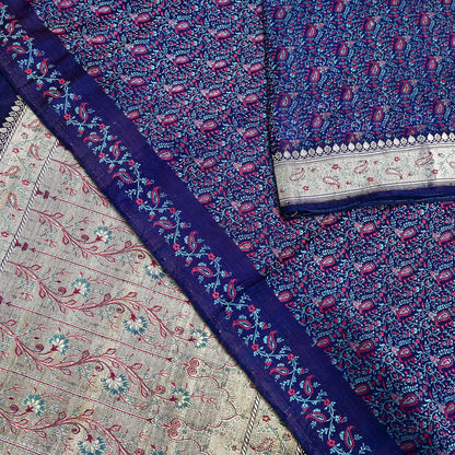 Indian Vintage Sari Blue Heavy Wedding Pure Satin Silk Woven Banarasi Tanchoi Saree 5Yd Ethnic Craft Fabric Upcycle Bridal Heavy Sarees