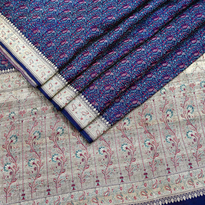 Indian Vintage Sari Blue Heavy Wedding Pure Satin Silk Woven Banarasi Tanchoi Saree 5Yd Ethnic Craft Fabric Upcycle Bridal Heavy Sarees