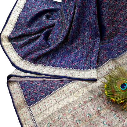 Indian Vintage Sari Blue Heavy Wedding Pure Satin Silk Woven Banarasi Tanchoi Saree 5Yd Ethnic Craft Fabric Upcycle Bridal Heavy Sarees