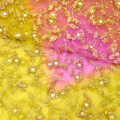 Indian Vintage Heavy Bridal Dupatta Pink & yellow Net Mesh Long Stole Hand Embroidered Scarves Sequins Glass Bead Wedding veil Wrap Boho