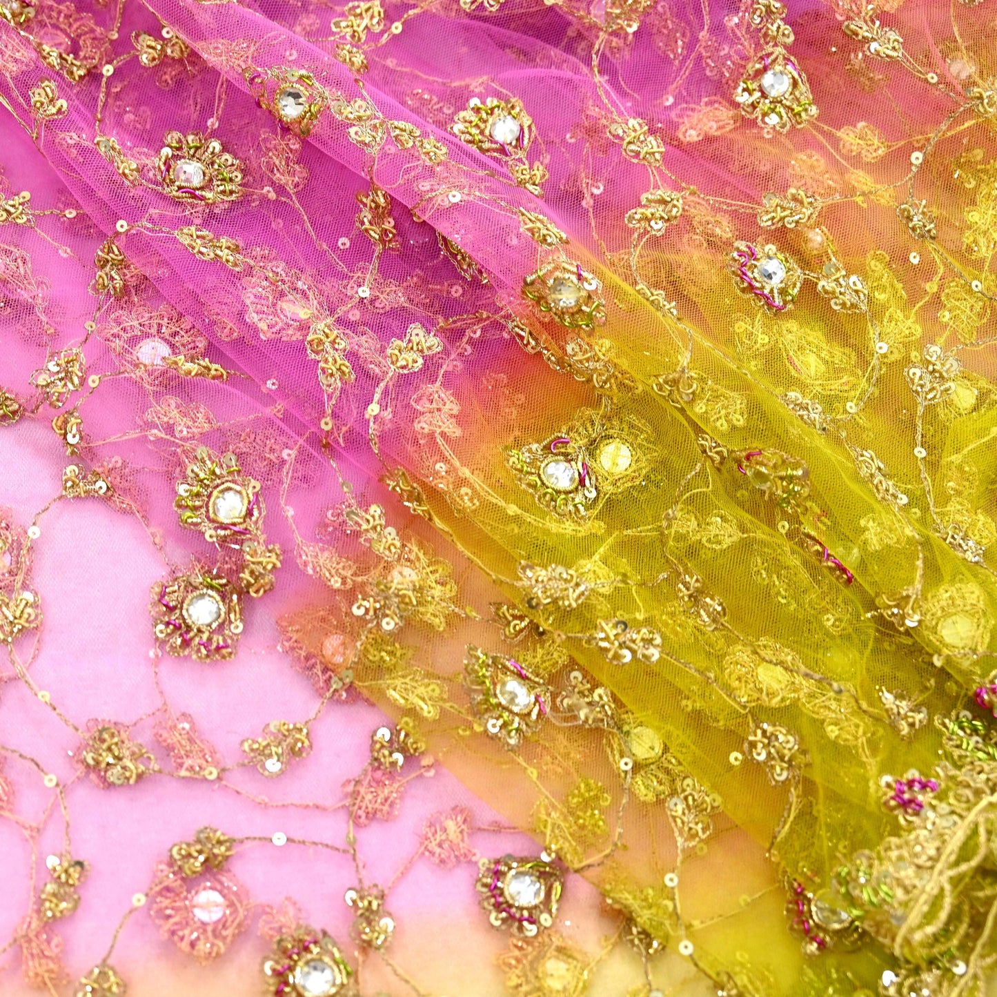 Indian Vintage Heavy Bridal Dupatta Pink & yellow Net Mesh Long Stole Hand Embroidered Scarves Sequins Glass Bead Wedding veil Wrap Boho